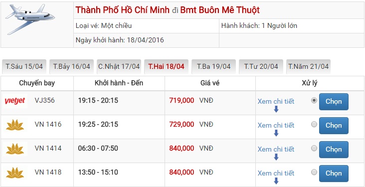 Bảng giá vé máy bay Sài Gòn Buôn Ma Thuột của Vietjet Air
