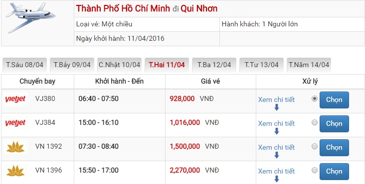 Bảng giá vé máy bay Sài Gòn Quy Nhơn của Vietjet Air