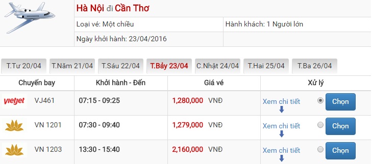 Bảng giá vé máy bay Hà Nội Cần Thơ của Vietjet Air